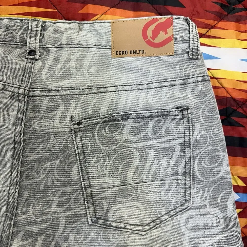 Ecko Unltd All Over Print Script Gray Denim Shorts Men’s Sz 32 Jorts Relaxed AOP